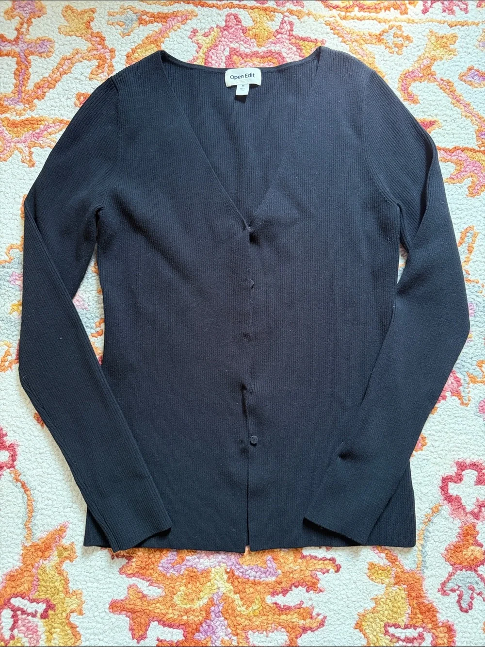 Open Edit Black V-Neck Button-Front Cardigan